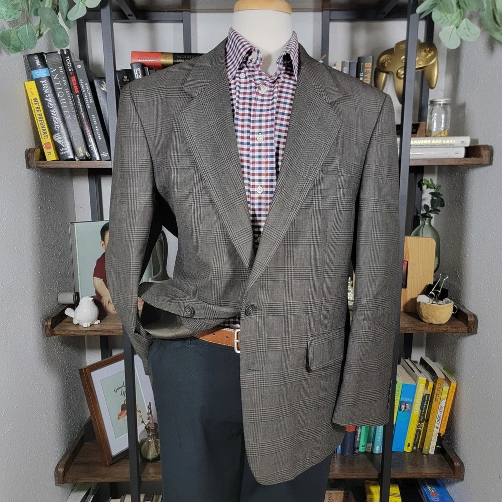 Club Room Men's Sport Coat Blazer Two Button‎ Plaid Brown Pure Wool Size 43R